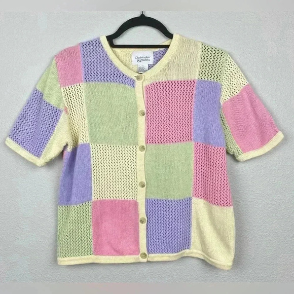 VTG Women's Small Pastel Granny Square Knit Cardigan Button Front Short Sleeve - Picture 1 of 11